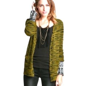 Free People Beach Green & Black Mohair Tiger Striped Cardigan Sweater Large NWOT
